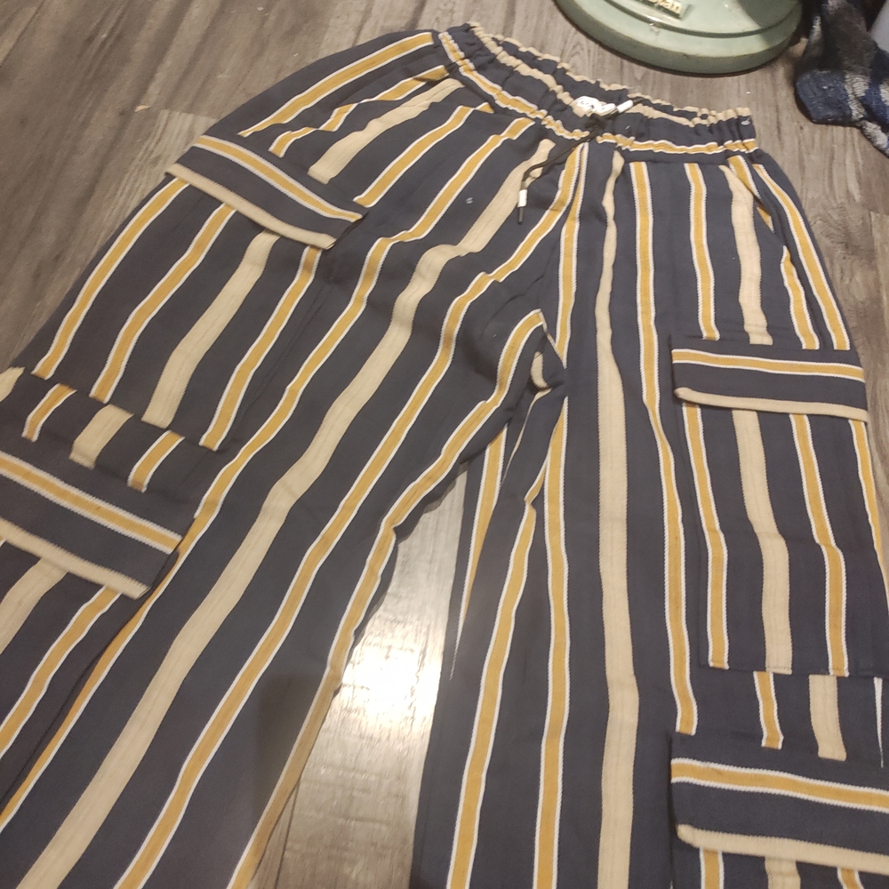 Men's Striped Cargo Pants in Navy, Cream & Mustard